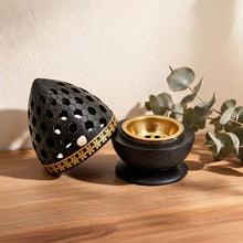 Honeycomb Pattern Incense Burner with Gold Inner Cup and Pierced Dome Lid - Black-Gold