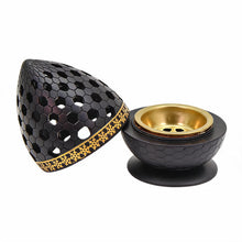 Honeycomb Pattern Incense Burner with Gold Inner Cup and Pierced Dome Lid - Black-Gold
