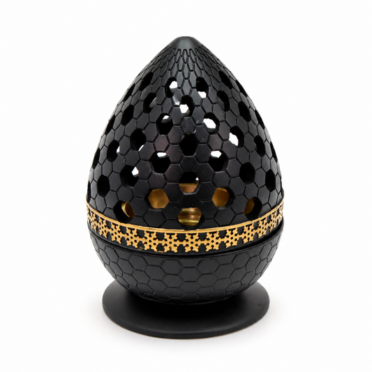 Honeycomb Pattern Incense Burner with Gold Inner Cup & Pierced Dome Lid – Black & Gold