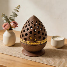 Honeycomb Pattern Incense Burner with Gold Inner Cup and Pierced Dome Lid - Light Brown