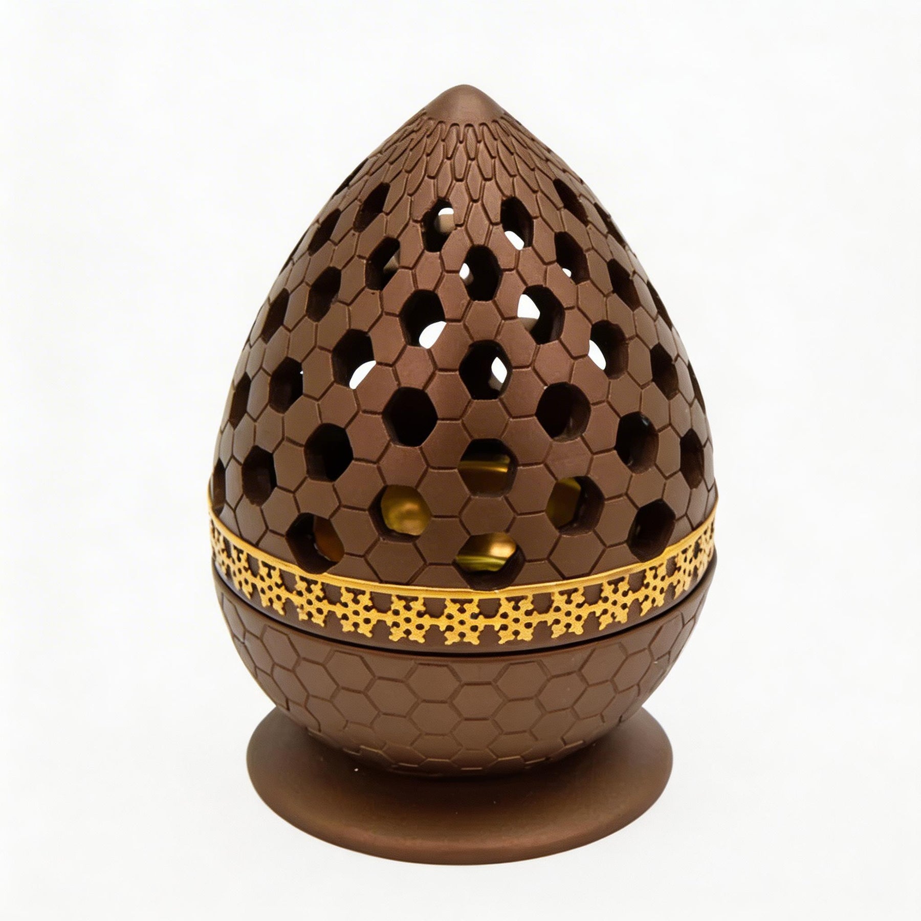 Honeycomb Pattern Incense Burner with Gold Inner Cup and Pierced Dome Lid - Light Brown
