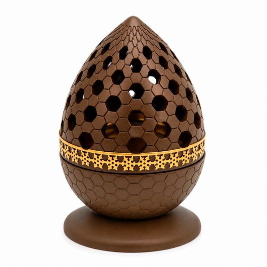 Honeycomb Pattern Incense Burner with Gold Inner Cup and Pierced Dome Lid - Light Brown