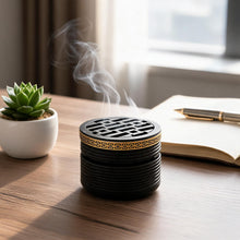 Geometric Cylindrical Incense Burner with Gold Accent Band - Black-Gold