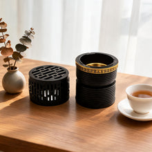 Geometric Cylindrical Incense Burner with Gold Accent Band - Black-Gold