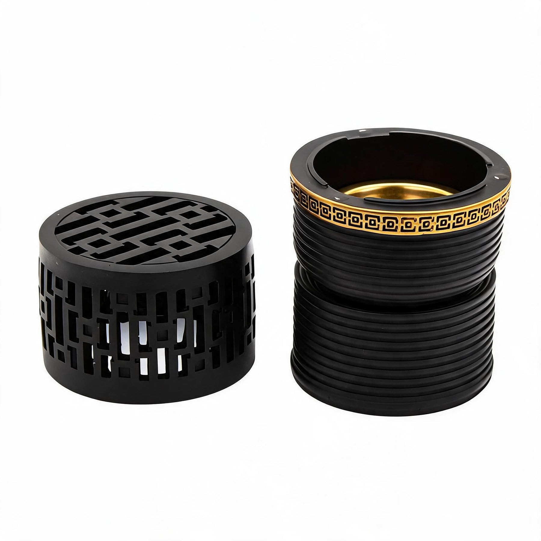 Geometric Cylindrical Incense Burner with Gold Accent Band - Black-Gold