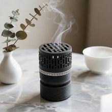 Geometric Cylindrical Incense Burner with Gold Accent Band - Black-Silver