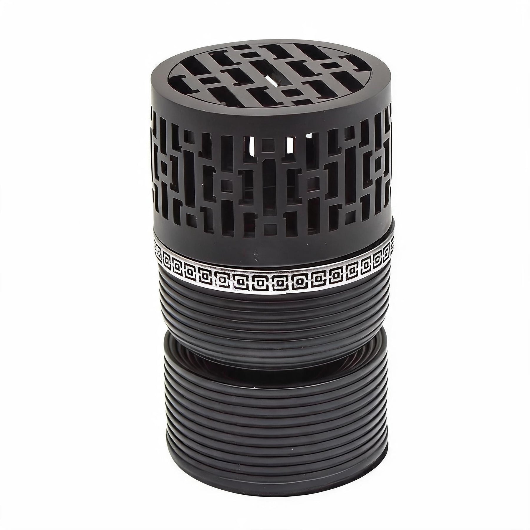 Geometric Cylindrical Incense Burner with Gold Accent Band - Black-Silver