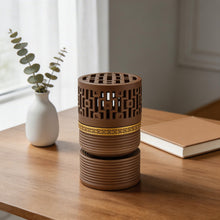 Geometric Cylindrical Incense Burner with Gold Accent Band - Black-Light Brown