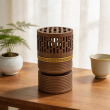 Geometric Cylindrical Incense Burner with Gold Accent Band - Black-Light Brown