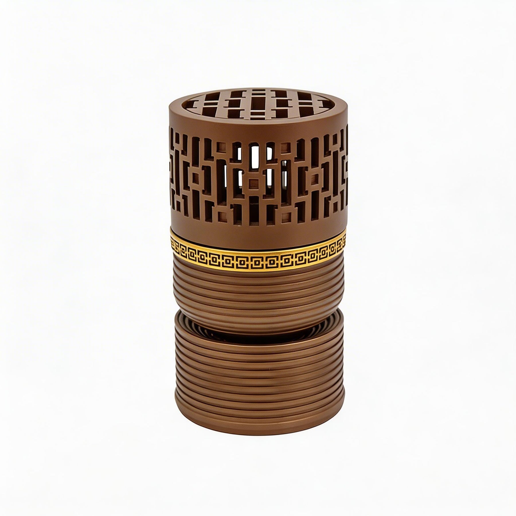 Geometric Cylindrical Incense Burner with Gold Accent Band - Black-Light Brown