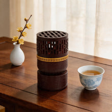 Geometric Cylindrical Incense Burner with Gold Accent Band - Black-Dark Brown
