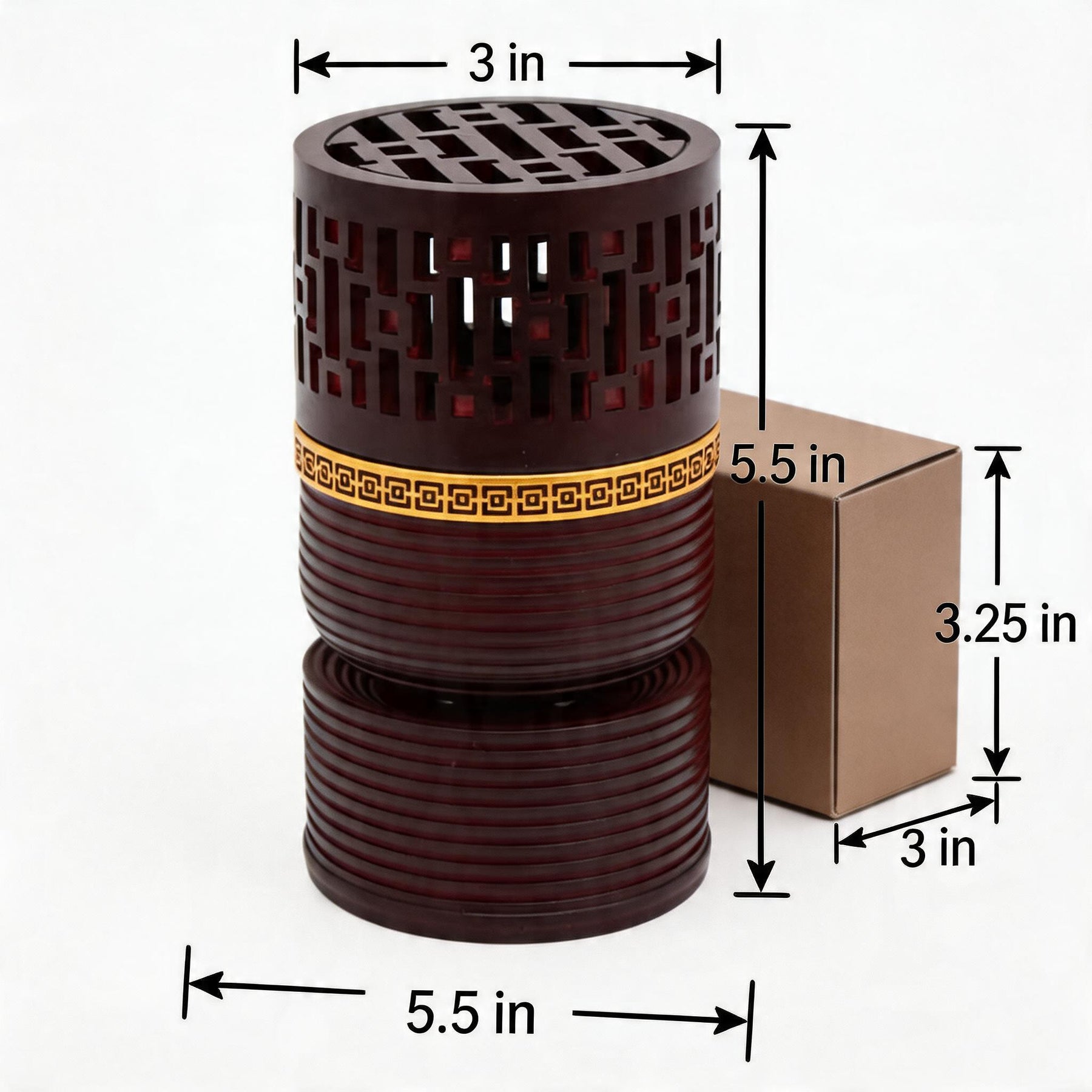 Geometric Cylindrical Incense Burner with Gold Accent Band - Black-Dark Brown