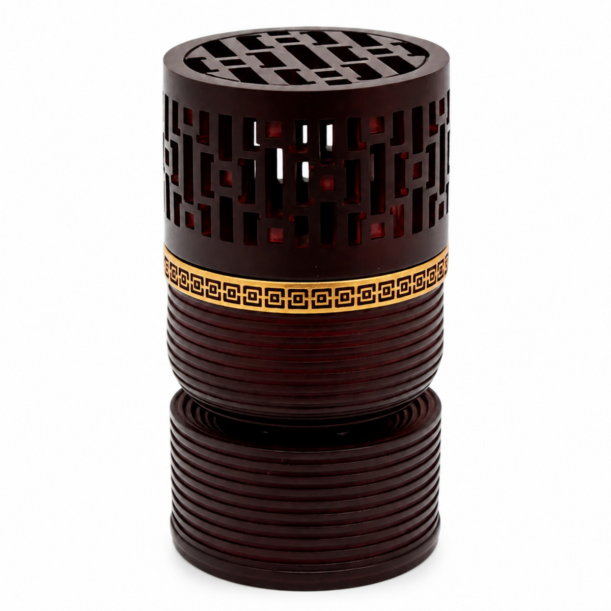 Geometric Cylindrical Incense Burner with Gold Accent Band - Dark Brown
