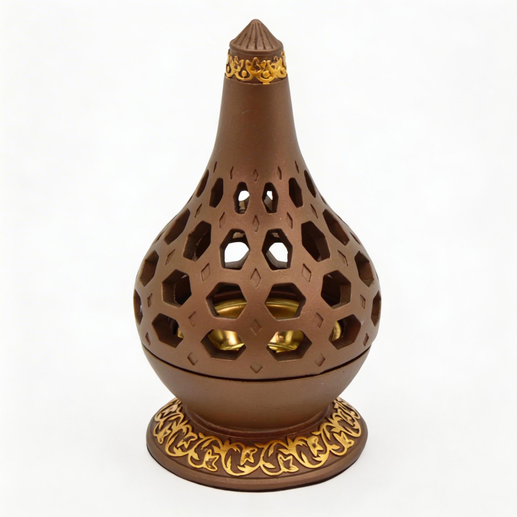 Arabesque Honeycomb Dome Incense Burner with Gold Inner Bowl - Light Brown