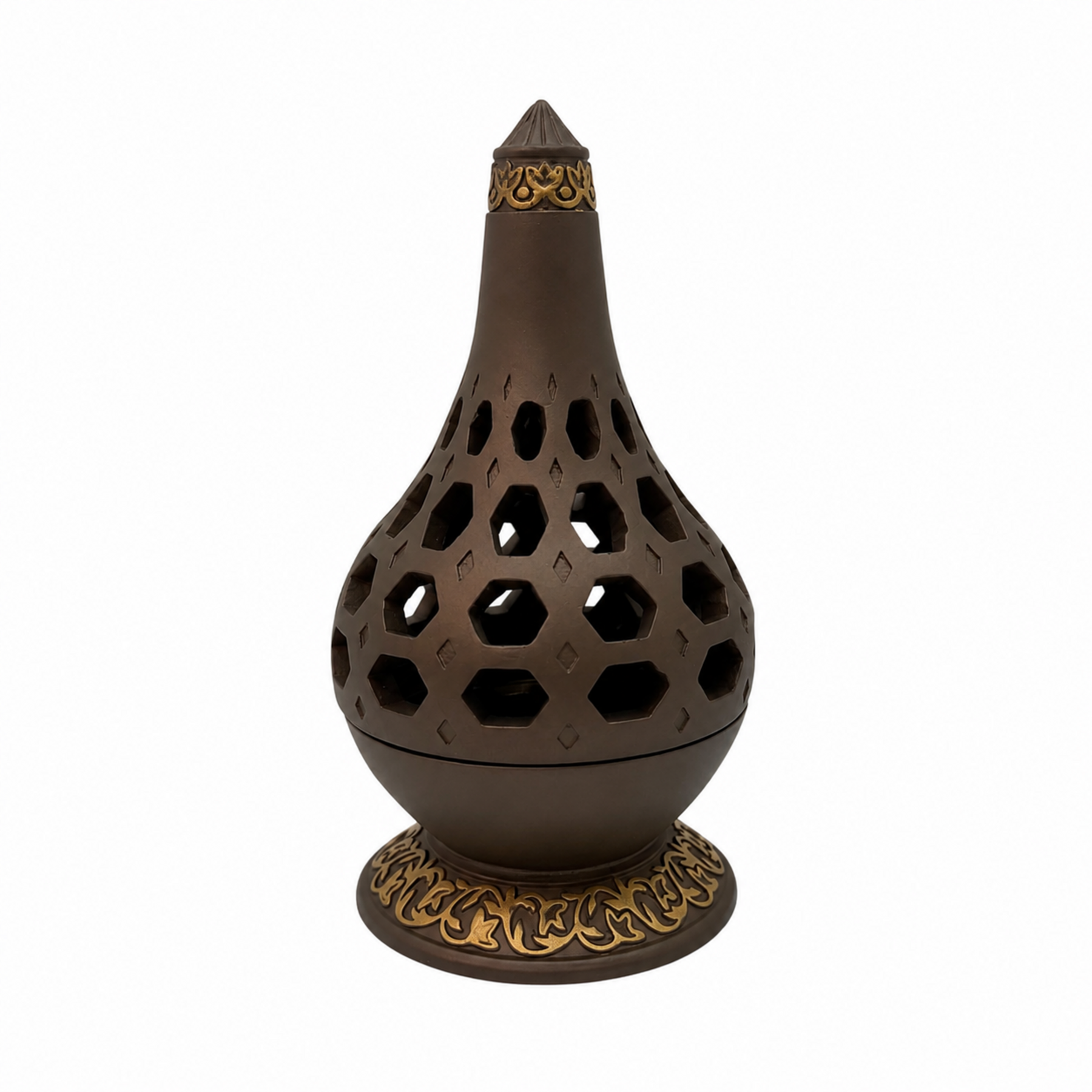 Arabesque Honeycomb Dome Incense Burner with Gold Inner Bowl - Light Brown