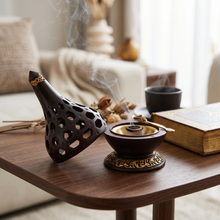Arabesque Honeycomb Dome Incense Burner with Gold Inner Bowl - Dark Brown