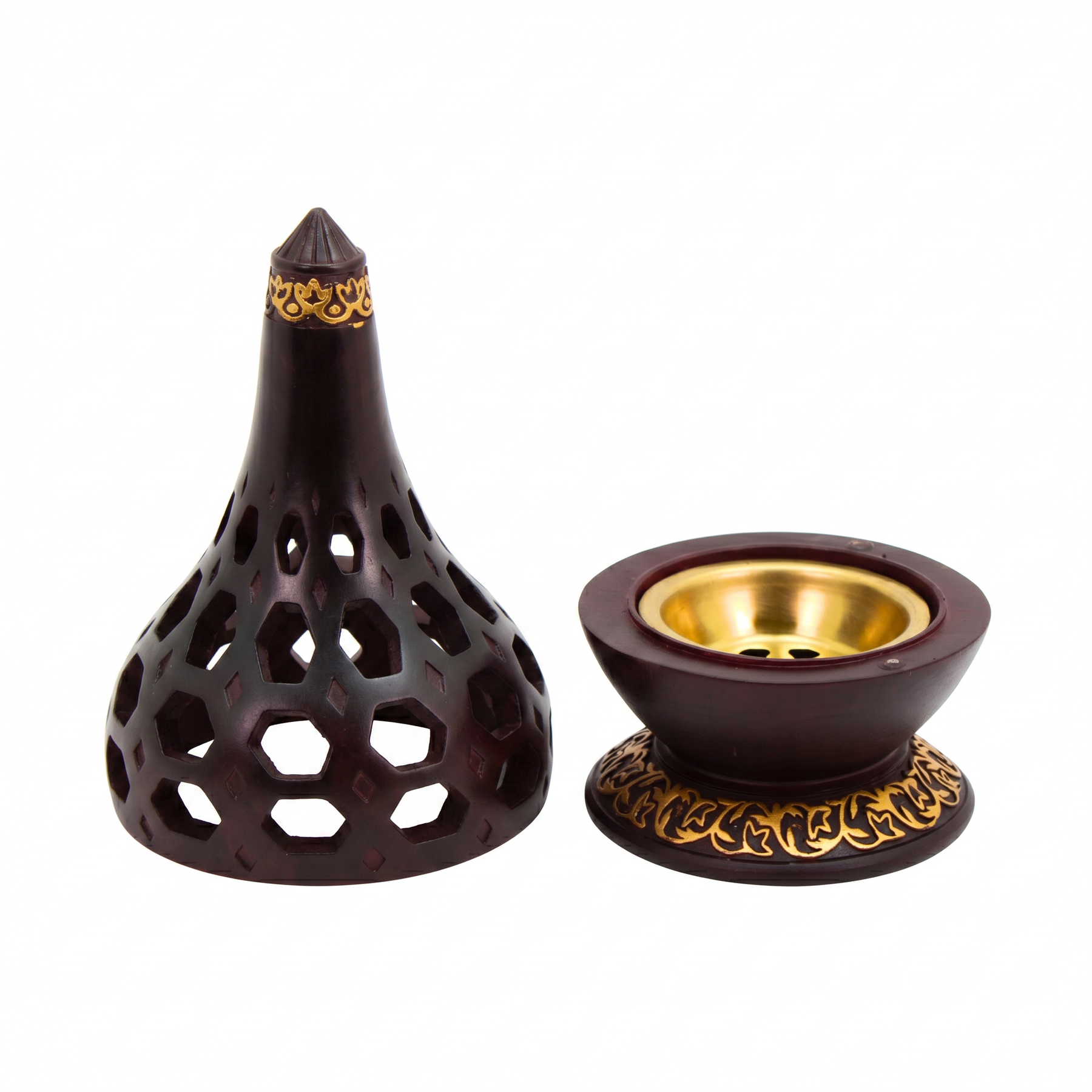 Arabesque Honeycomb Dome Incense Burner with Gold Inner Bowl - Dark Brown