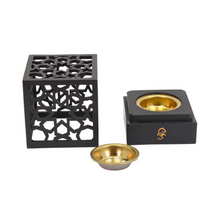 Geometric Incense Burner with Gold Bowl – Black Cube