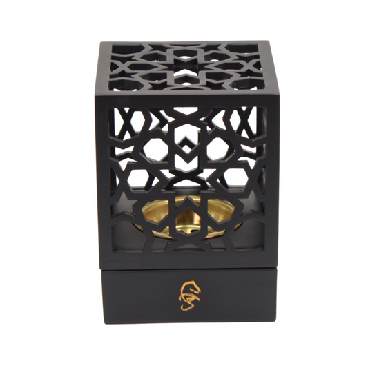 Geometric incense burner black cube with gold inner bowl