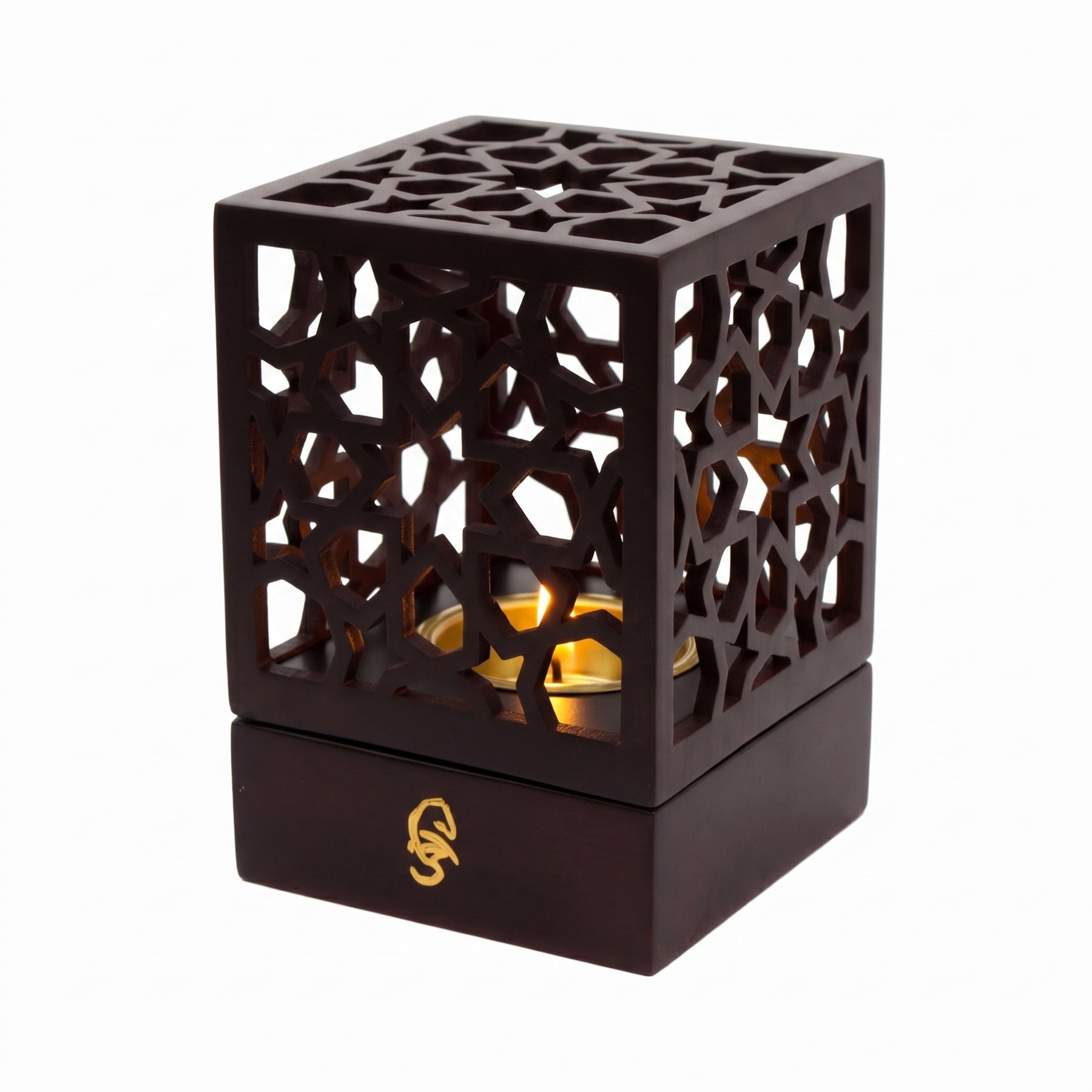 Geometric Cube Incense Burner with Gold Inner Bowl - Dark Brown