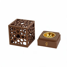 Geometric Cube Incense Burner with Gold Inner Bowl - Light Brown
