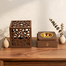 Geometric Cube Incense Burner with Gold Inner Bowl - Light Brown
