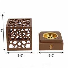 Geometric Cube Incense Burner with Gold Inner Bowl - Light Brown