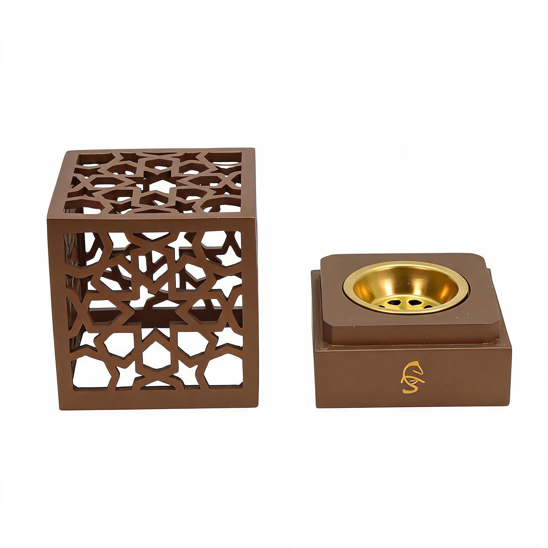Geometric Cube Incense Burner with Gold Inner Bowl - Light Brown
