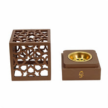Geometric Cube Incense Burner with Gold Inner Bowl - Light Brown
