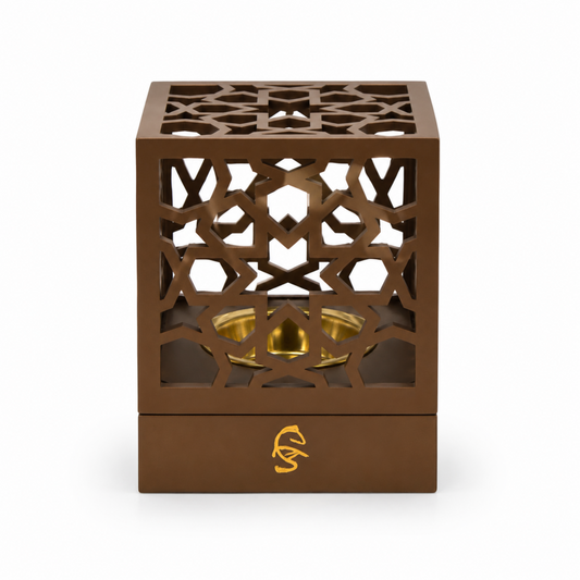 Geometric Cube Incense Burner with Gold Inner Bowl - Light Brown