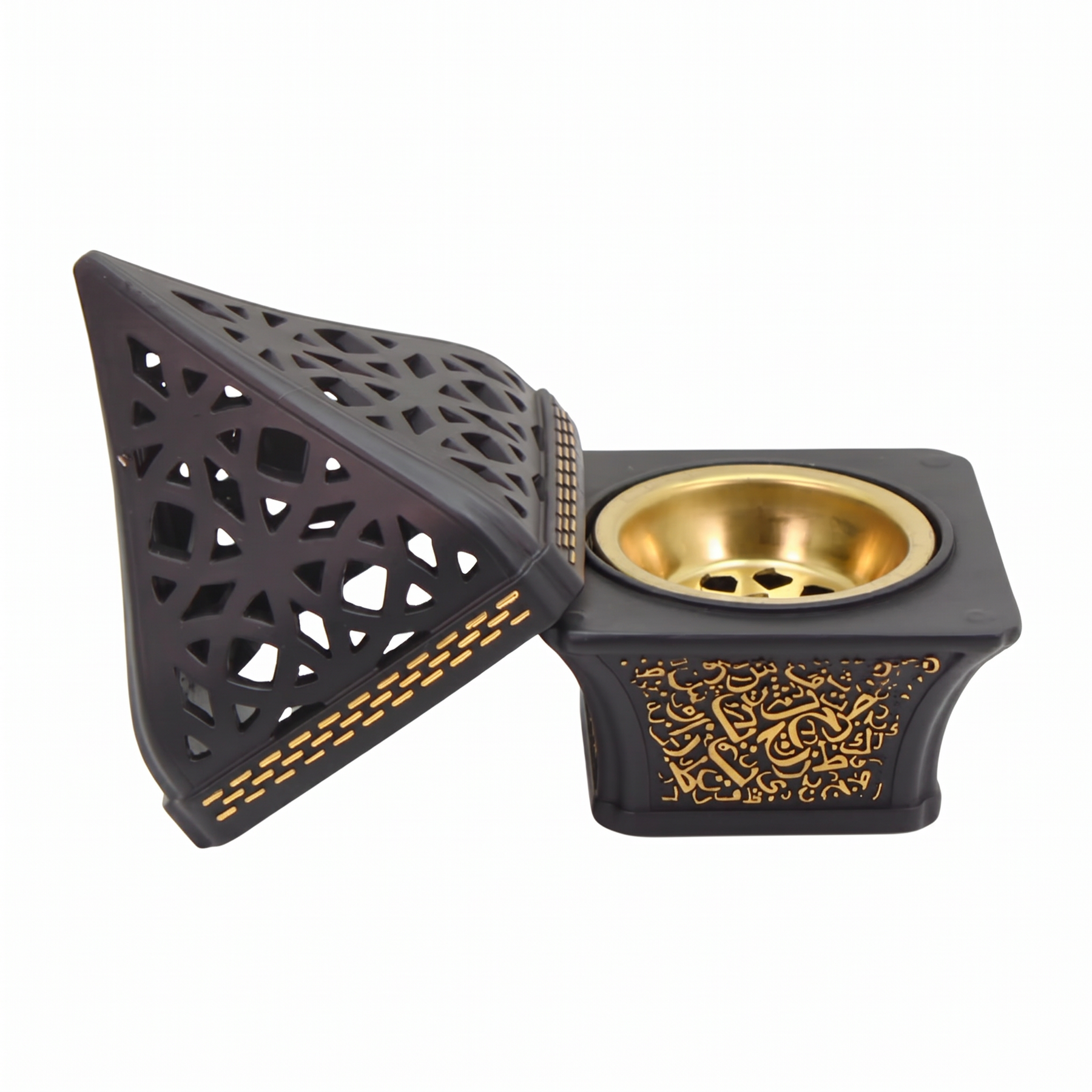 Ornate Pyramid Incense Burner with Arabic Calligraphy Base - Black-Gold
