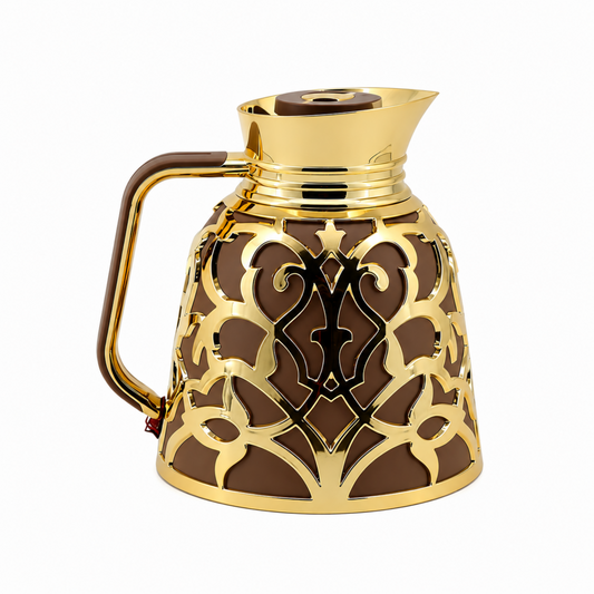 Premium Brown & Gold Insulated Serving Flask – Ornate Geometric Thermal Carafe with Handle, 7.5 x 7 x 8 in