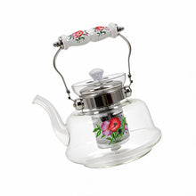 Floral Glass Tea Kettle with Ceramic Handle & Stainless Steel Infuser - 1200ml