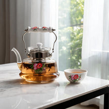 Floral Glass Tea Kettle with Ceramic Handle & Stainless Steel Infuser - 1200ml