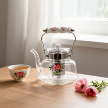 Floral Glass Tea Kettle with Ceramic Handle & Stainless Steel Infuser - 1200ml