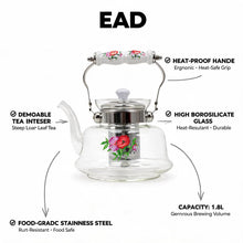 Floral Glass Tea Kettle with Ceramic Handle & Stainless Steel Infuser - 1200ml