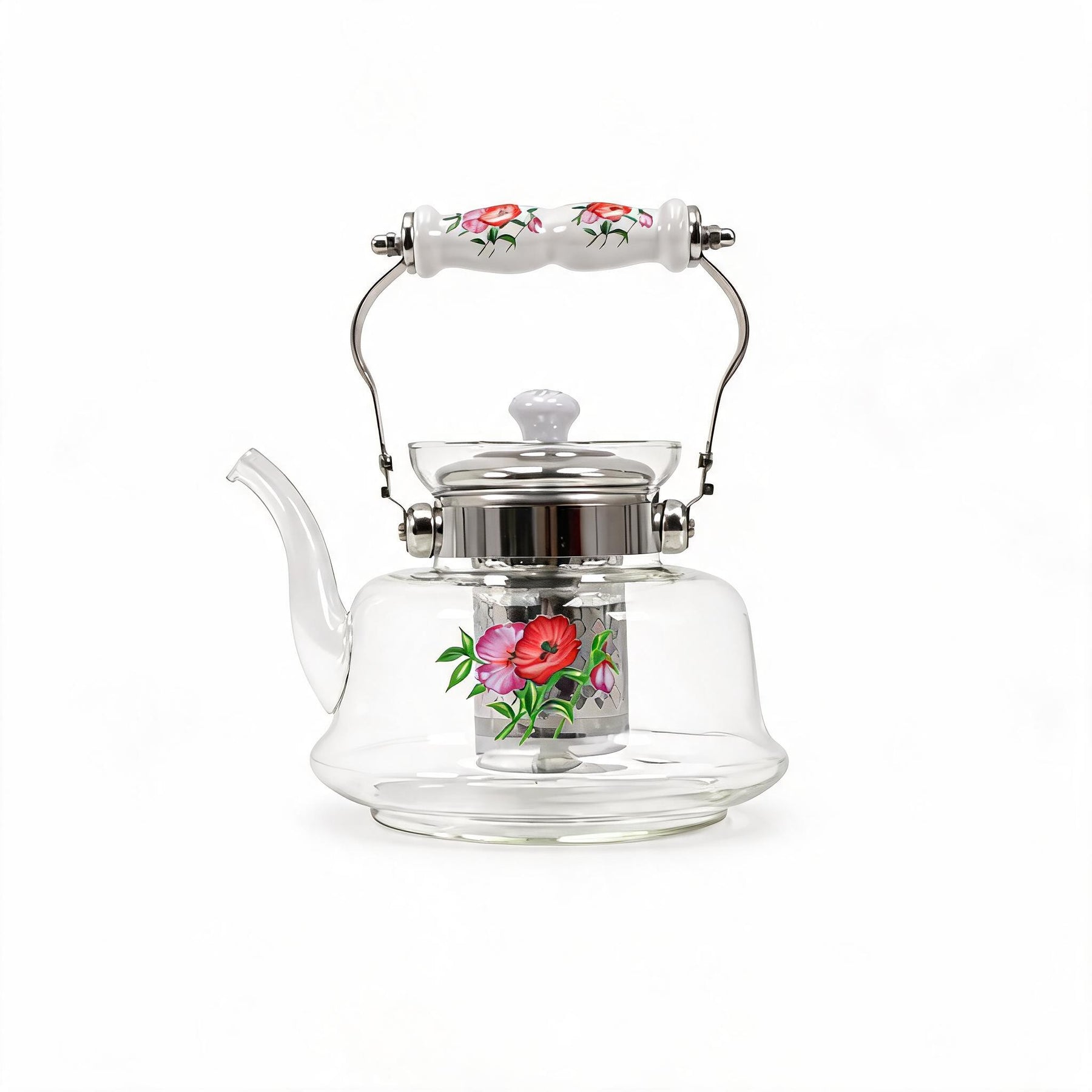 Floral Glass Tea Kettle with Ceramic Handle & Stainless Steel Infuser - 1200ml
