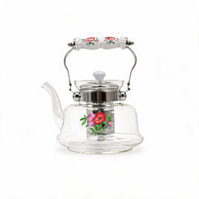 Floral Glass Tea Kettle with Ceramic Handle & Stainless Steel Infuser - 1200ml