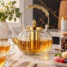 Clear Glass Tea Kettle with Gold Infuser & Glitter Handle - 1.2L Elegant Teapot