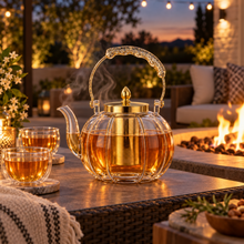 Clear Glass Tea Kettle with Gold Infuser & Glitter Handle - 1.2L Elegant Teapot
