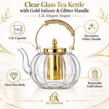 Clear Glass Tea Kettle with Gold Infuser & Glitter Handle - 1.2L Elegant Teapot