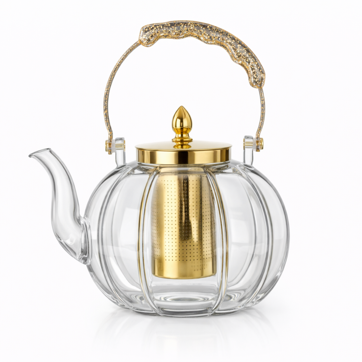 Clear Glass Tea Kettle with Gold Infuser & Glitter Handle - 1.2L Elegant Teapot