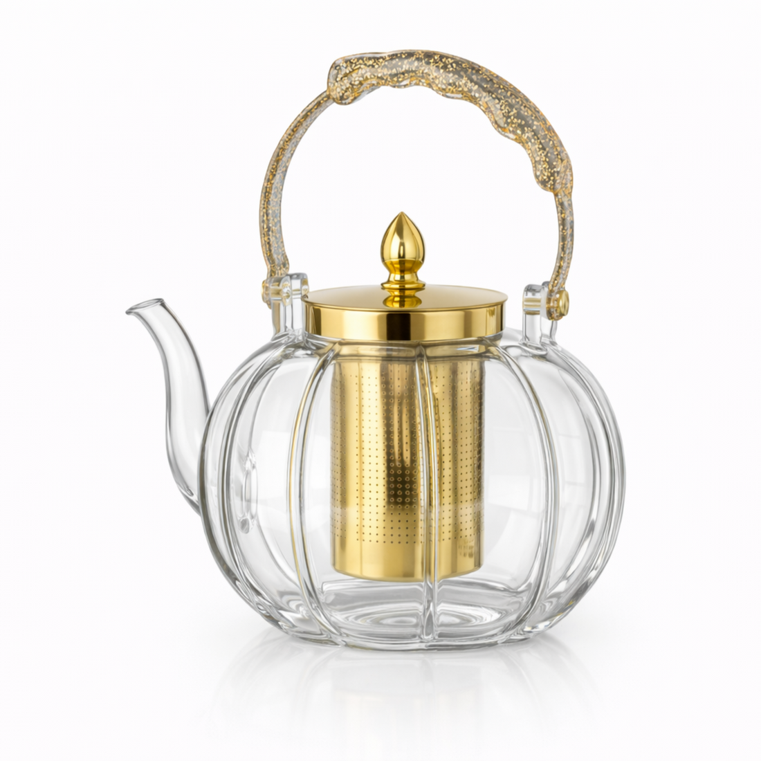 Clear Glass Tea Kettle with Gold Infuser & Glitter Handle - 1.4L