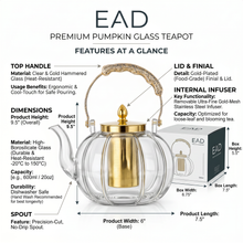 Clear Glass Tea Kettle with Gold Infuser & Glitter Handle - 1.4L