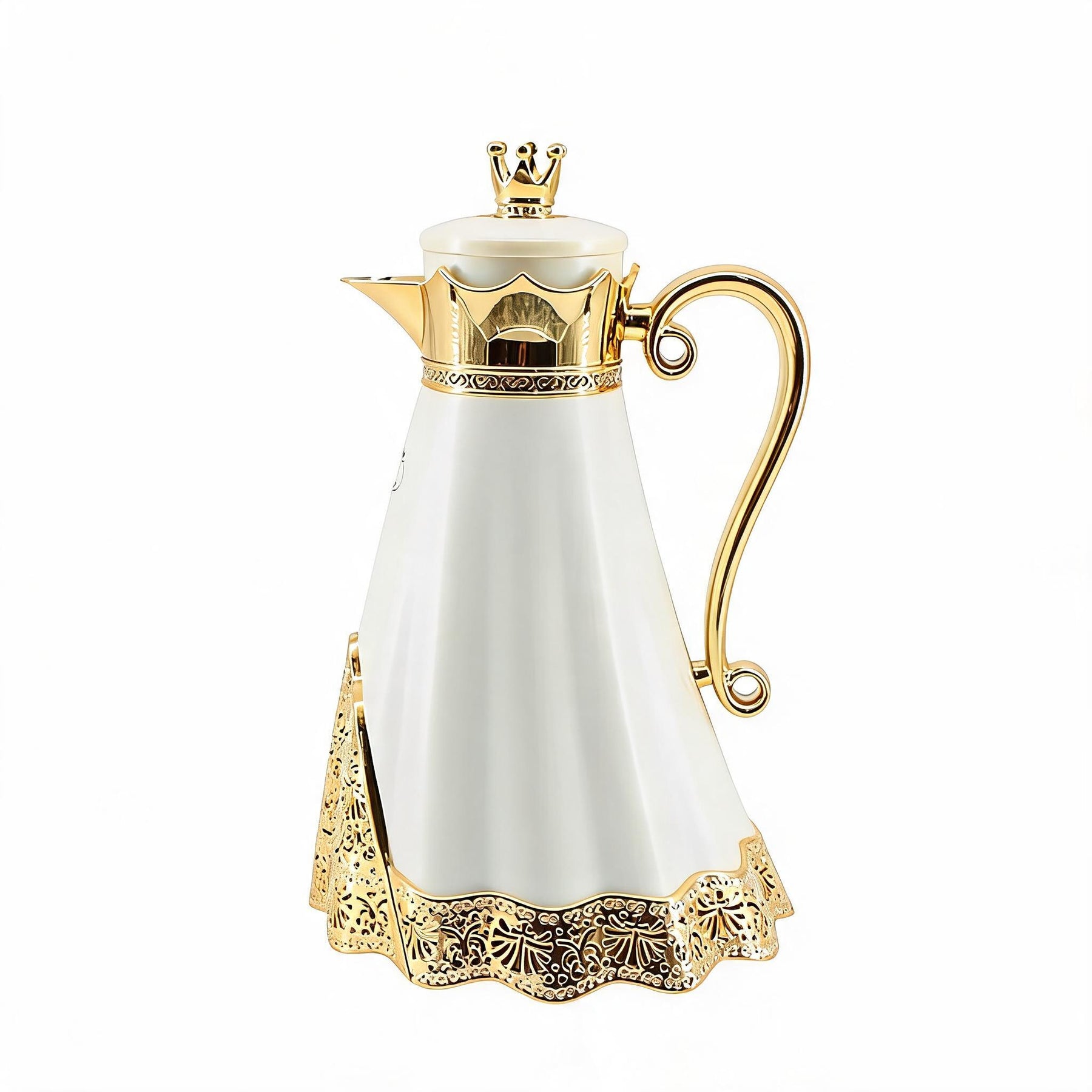 Royal Crown Arabic Coffee Vacuum Flask - White & Gold Finish (1L)