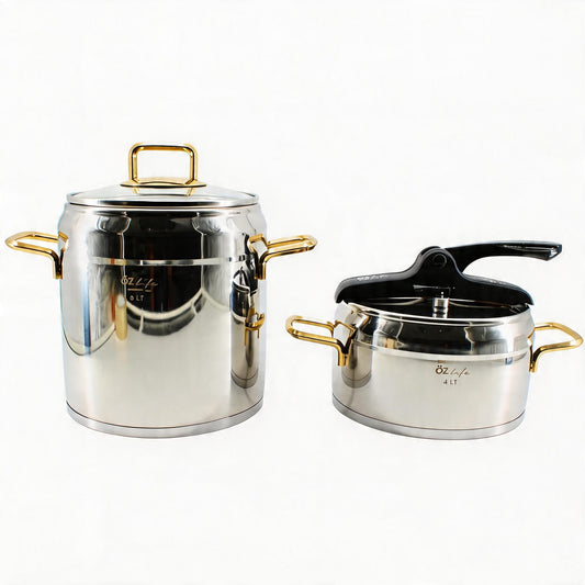 OZ Life Stainless Steel Stock Pot & Pressure Cooker Set with Gold Handles - 4 Piece