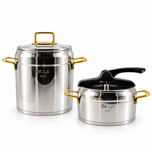 OZ Life Stainless Steel Stock Pot & Pressure Cooker Set with Gold Handles - 4 Piece Cookware Set