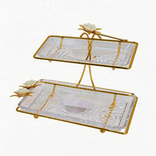 Pasabahce Gold Two-Tier Glass Serving Tray Stand with Floral Accent