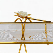Pasabahce Gold Two-Tier Glass Serving Tray Stand with Floral Accent