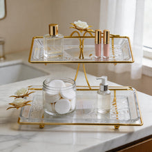 Pasabahce Gold Two-Tier Glass Serving Tray Stand with Floral Accent